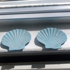 2 Vintage cast iron (?) blue speckled shell trinket dishes